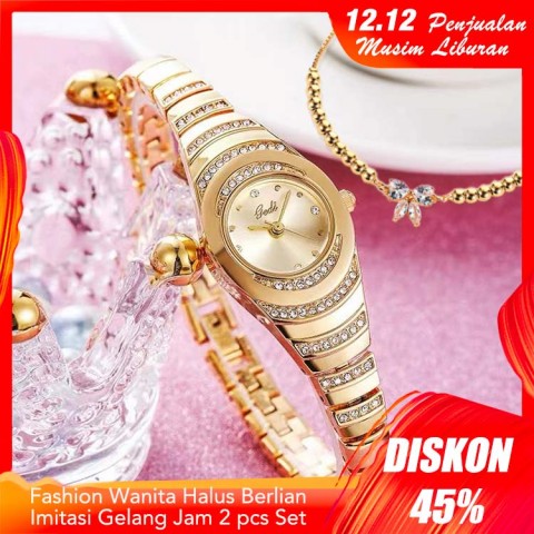 Fashion Wanita Halus Berlian Imitasi Gelang Jam 2 pcs Set