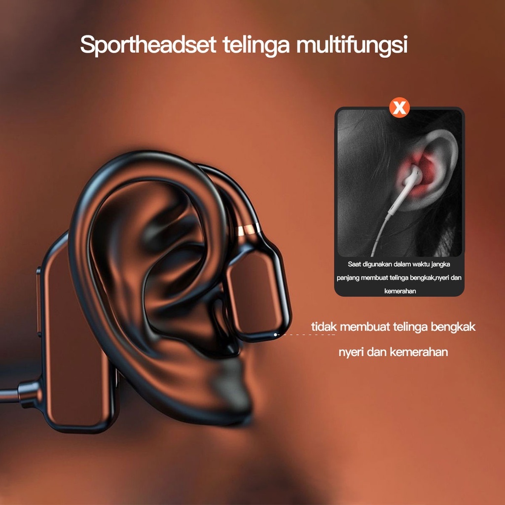 Headset bluetooth konduksi tulang-Kualitas suara HI FI. Tersedia untuk panggilan. Melindungi gendang telinga dari kerusakan